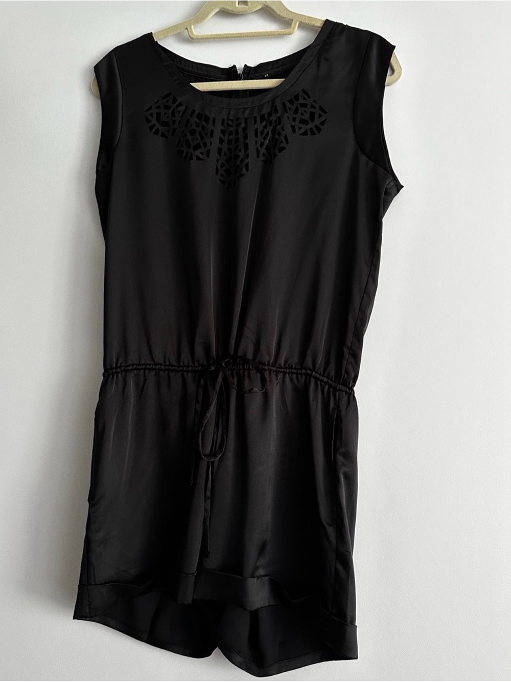 Black Sleeveless Drawstring Romper with Cutout Neck Detail